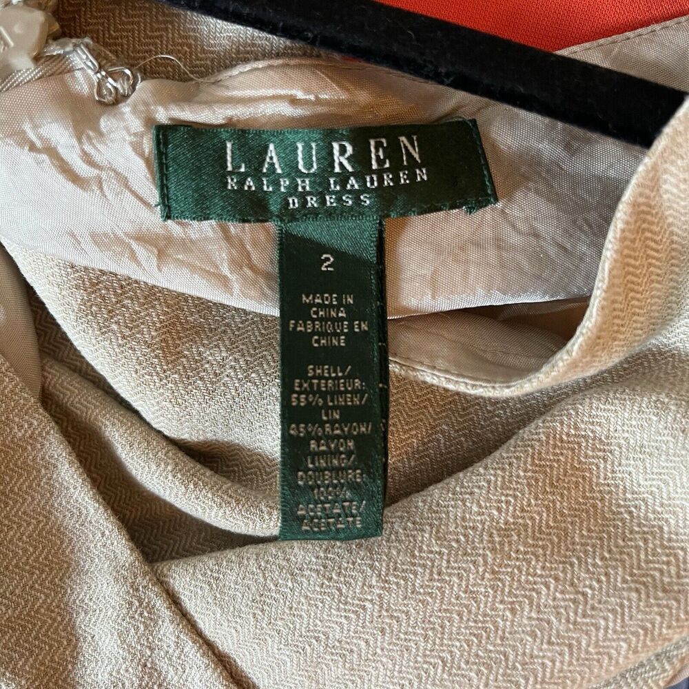 Lauren Ralph Lauren Dress Women’s Size 2 Beige Sleeveless Linen Sheath Ruched - Picture 9 of 10